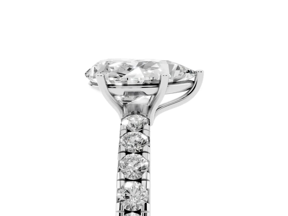 Pear Cut Diamond Pavé Solitaire Engagement Ring with Four-Prong Setting Platinum