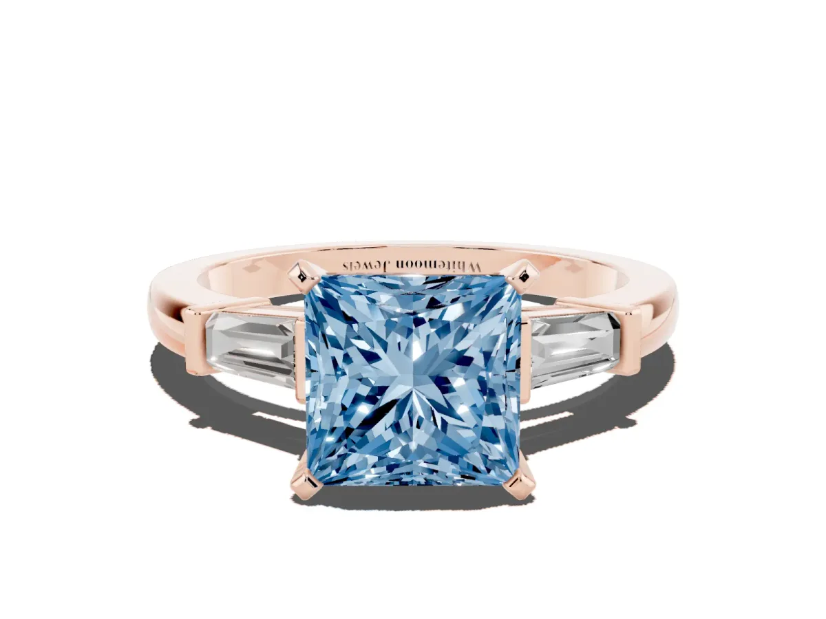 Fancy Blue Princess Cut Cut Diamond Solitaire Ring with Tapered Baguette Accents and Four-Prong Setting Rose gold