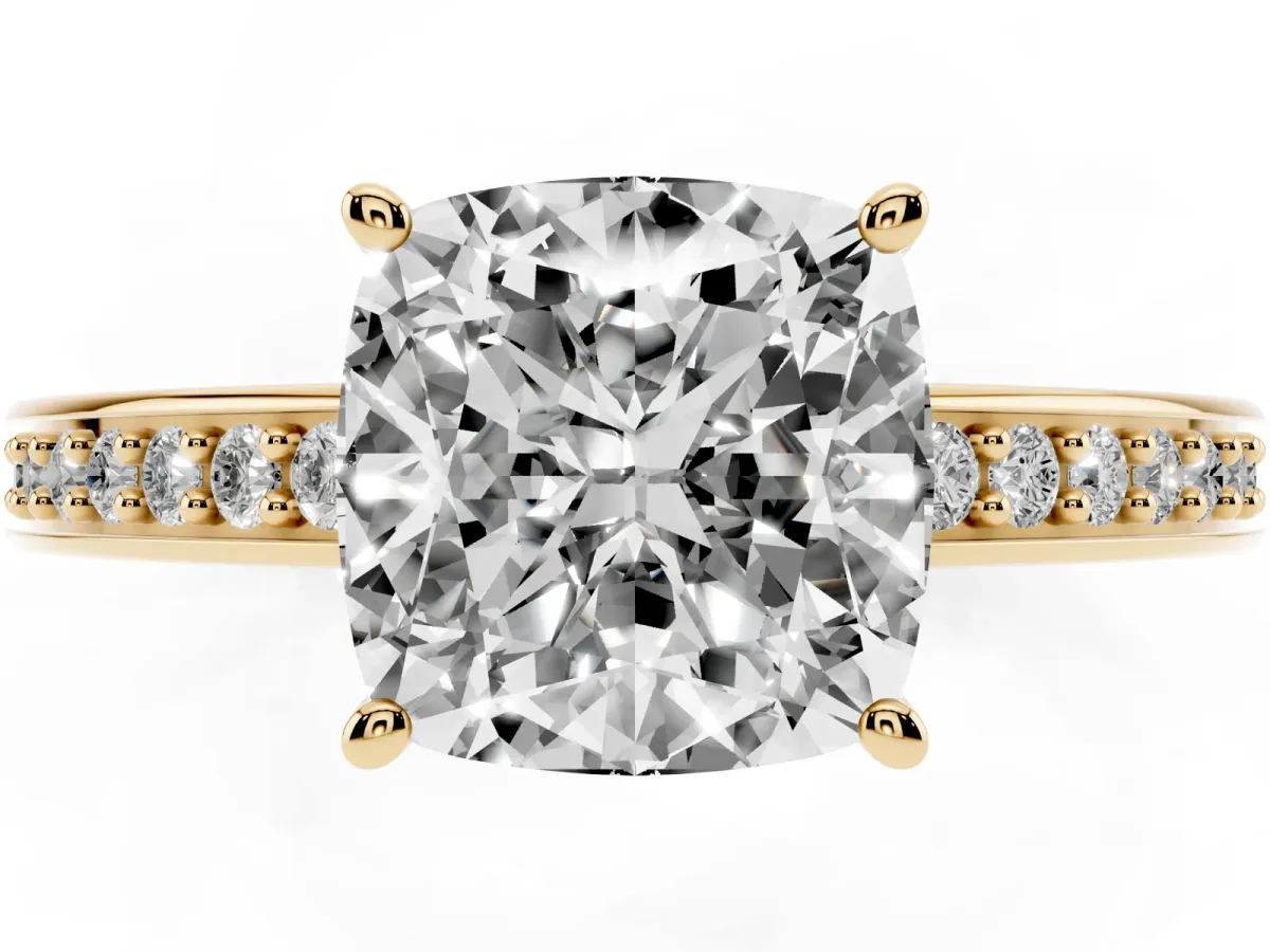 Cushion Cut Solitaire Pavé Band Prong Setting Ring Yellow gold