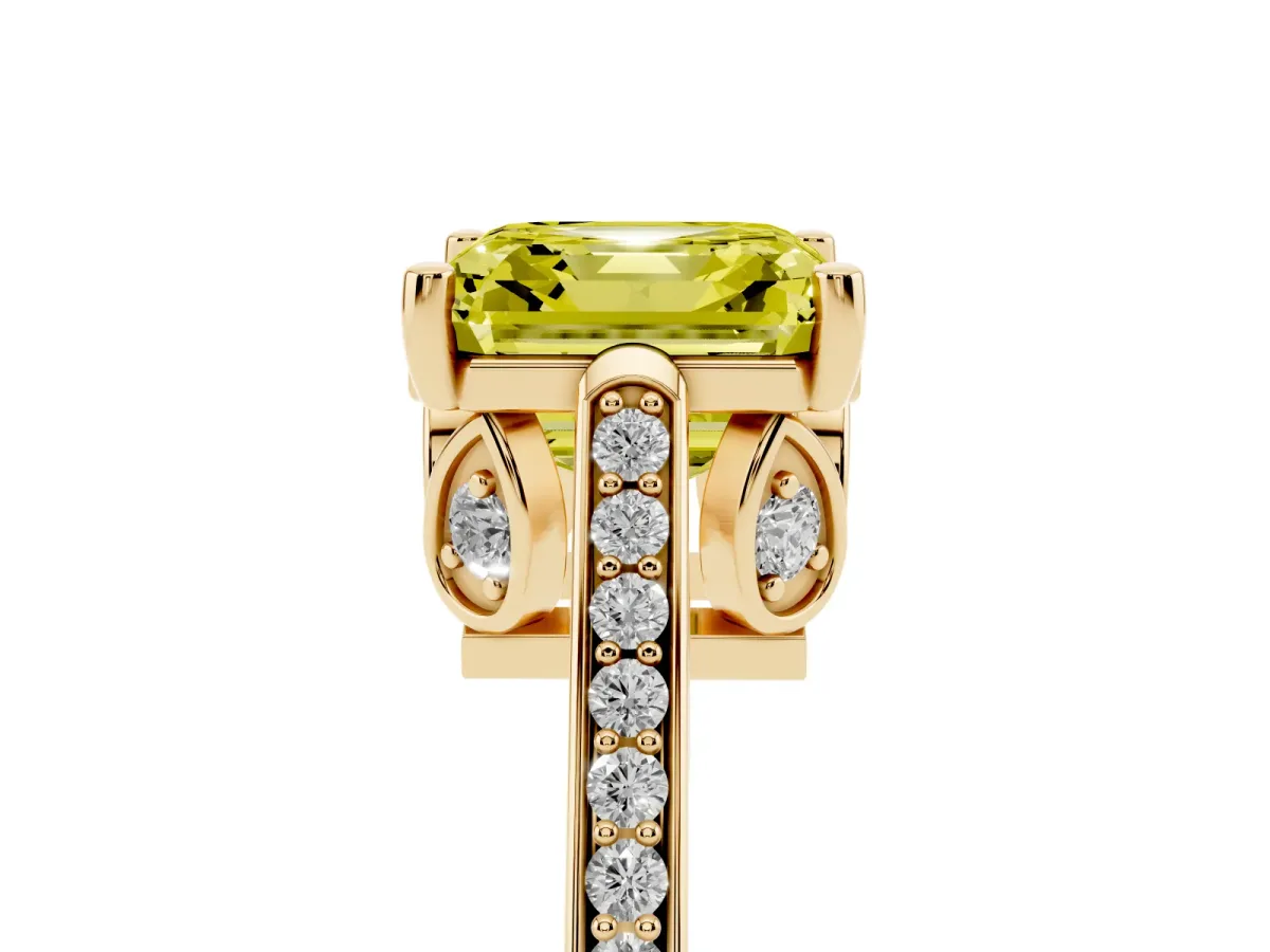 Fancy Yellow Asscher Cut Cut Cathedral Pave Diamond Engagement Ring with Six-Prong Setting Yellow gold