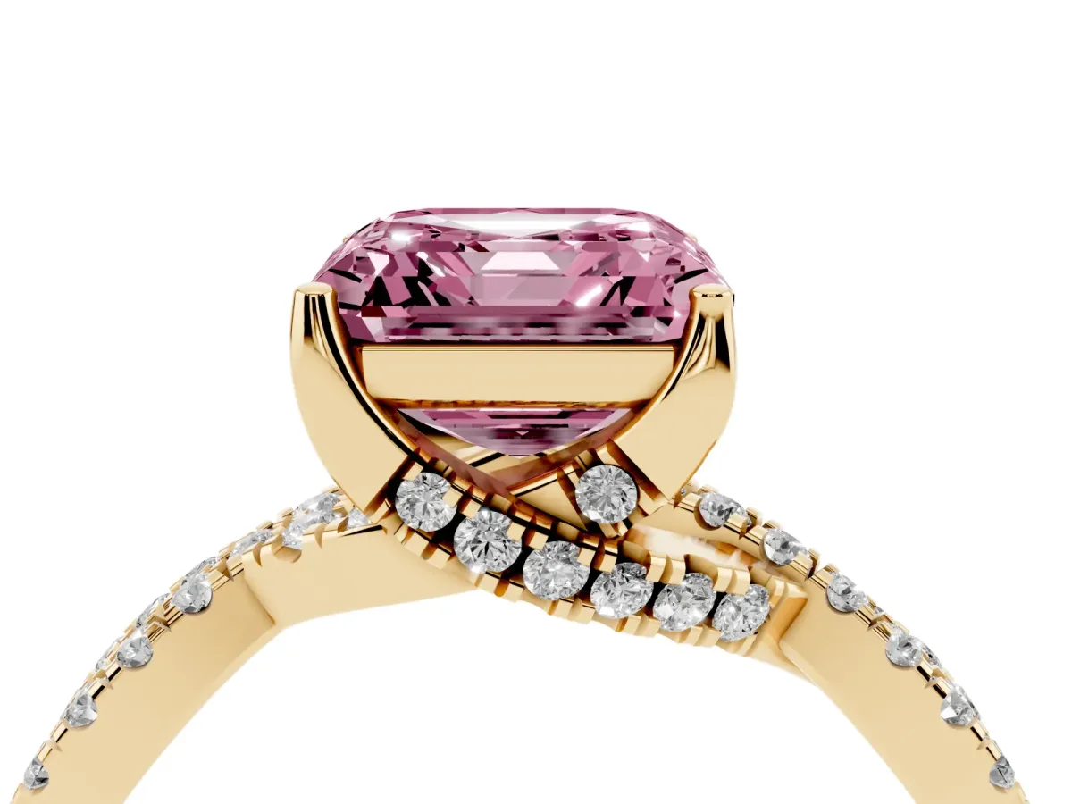Fancy Pink Asscher Cut Solitaire Twist Pave Diamond Engagement Ring with Prong Setting Yellow gold
