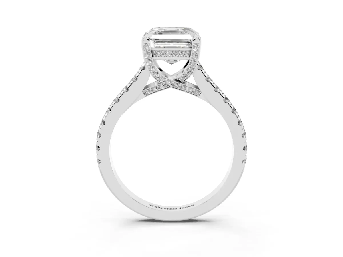 Asscher Cut Brilliant Diamond Solitaire with Pavé Band and Four-Prong Setting Platinum