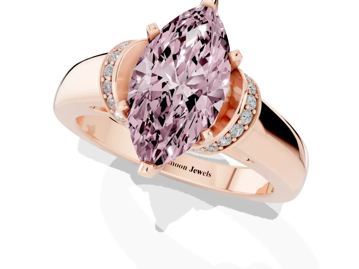 Fancy Pink Marquise Cut Solitaire Diamond Ring with Pave Band and Six-Prong Setting Rose gold