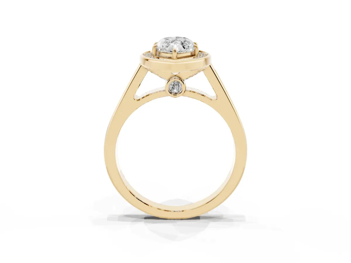 Marquise Cut Halo Solitaire Diamond Ring with Pave Band and Bezel Setting Yellow gold