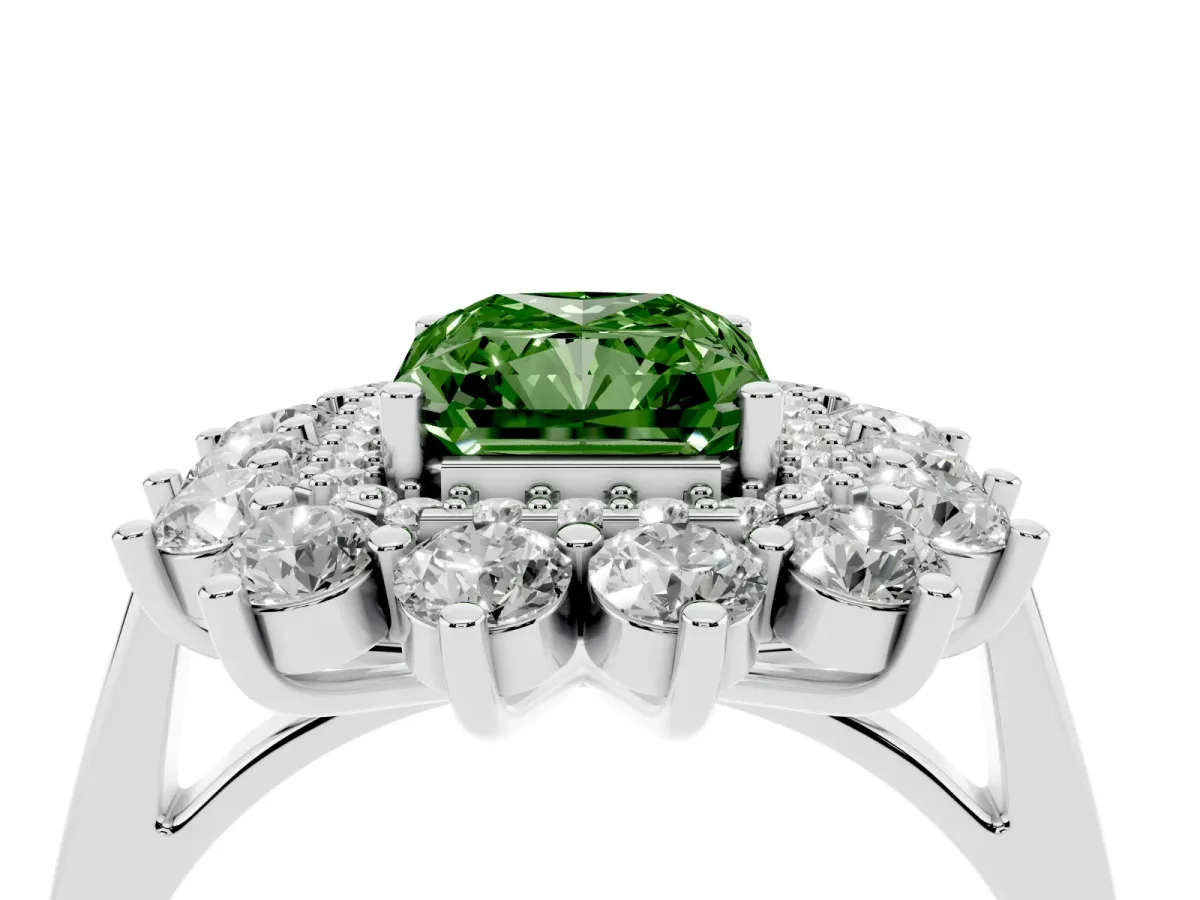 Fancy Green Radiant Cut Diamond Floral Double Halo Engagement Ring with Prong Setting Platinum