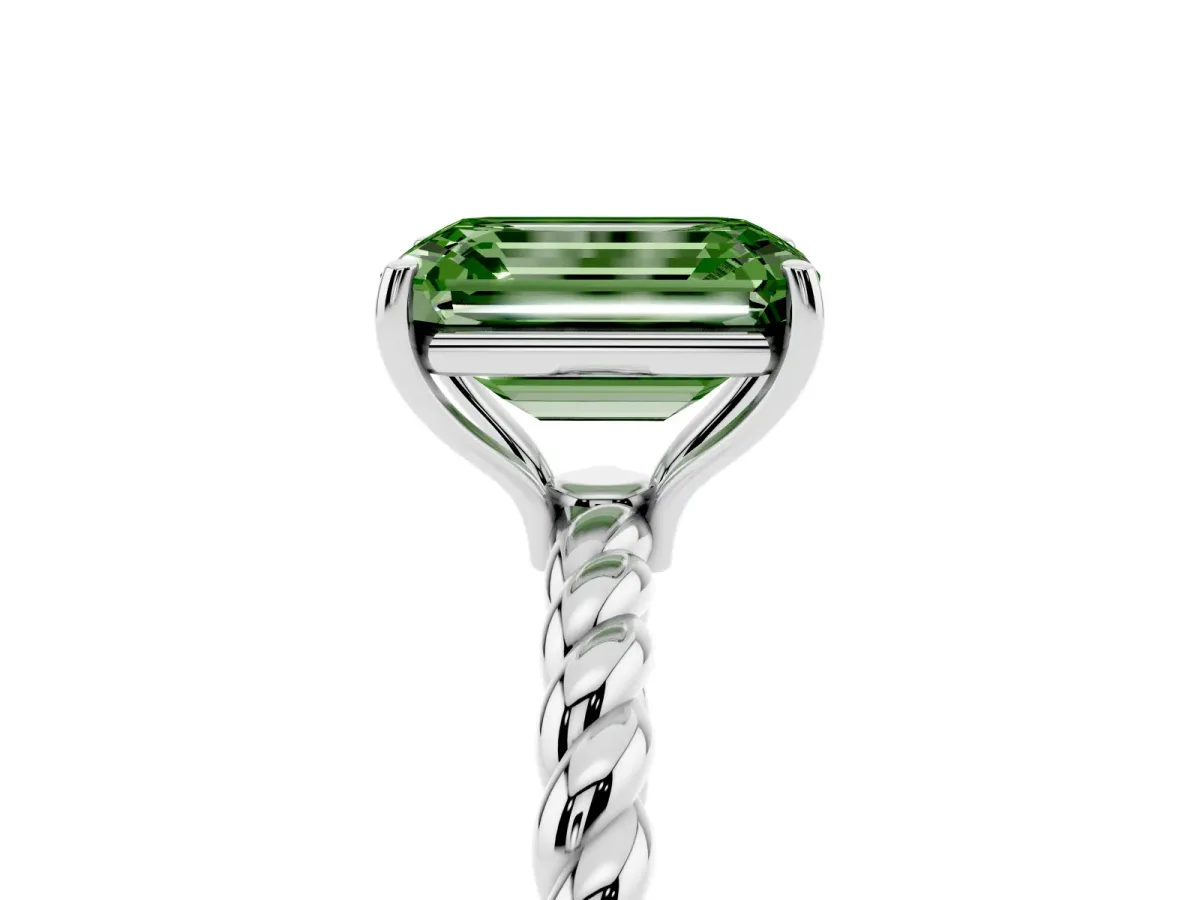 Fancy Green Emerald Cut Solitaire Twist Band Ring with Four-Prong Setting Platinum