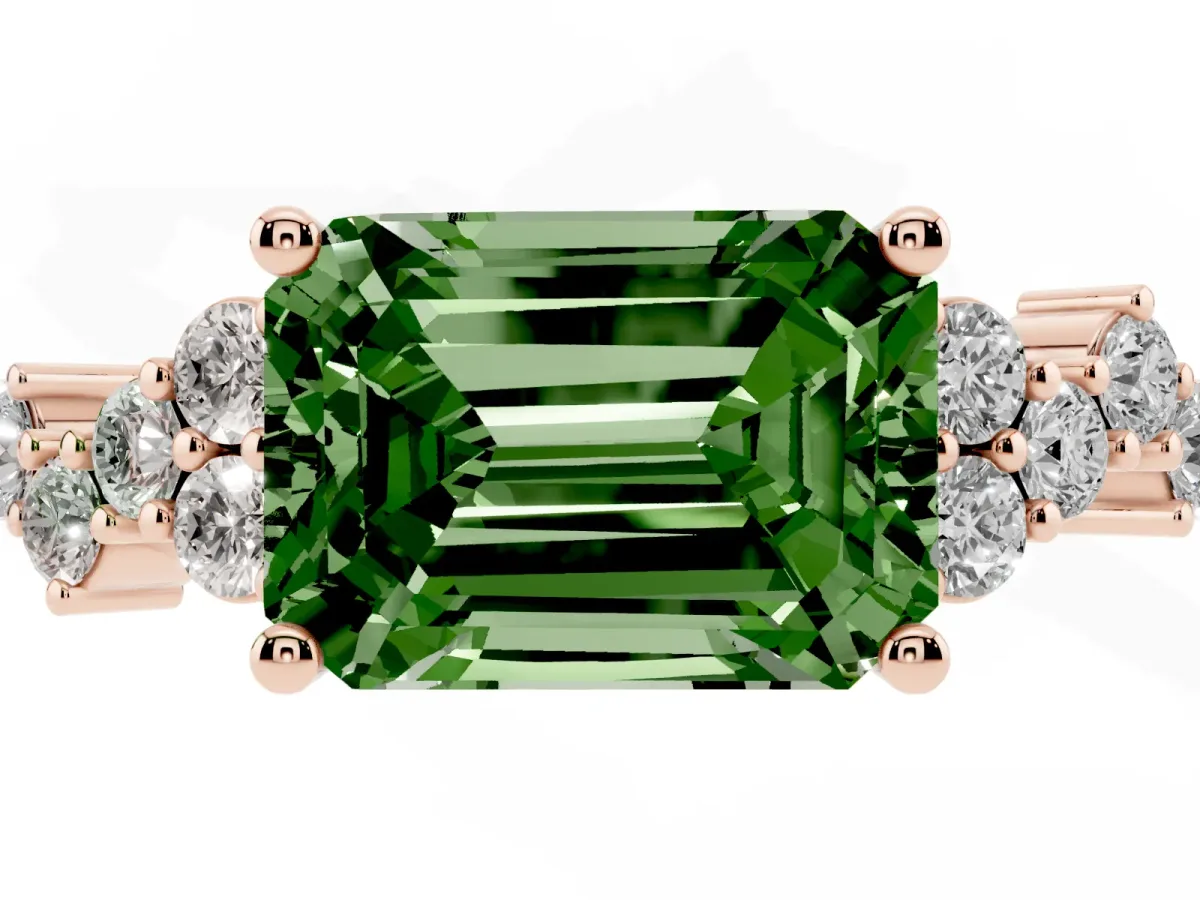 Fancy Green Emerald Cut Diamond Scattered Round Accent Ring with Prong Setting Rose gold