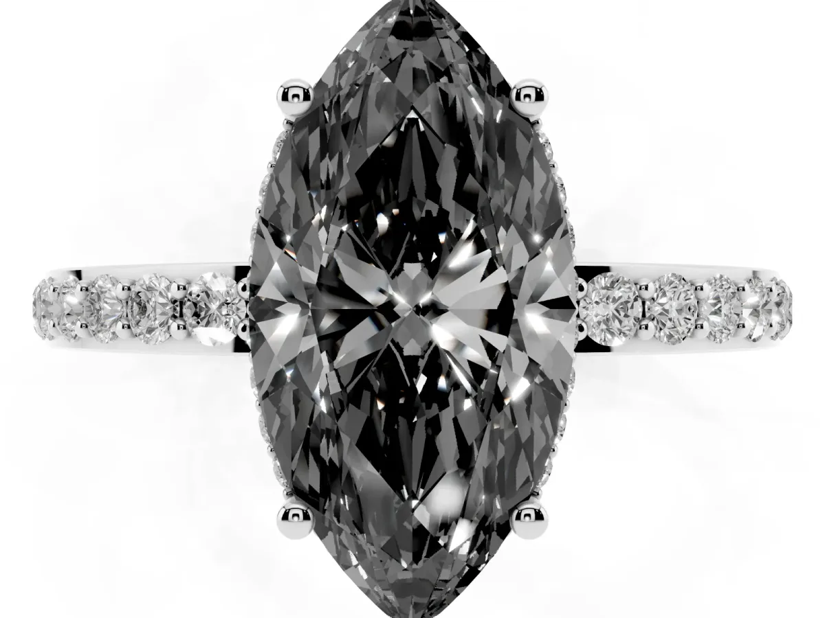 Fancy Black Marquise Cut Diamond Solitaire Ring with Pavé Band and Hidden Halo Silver