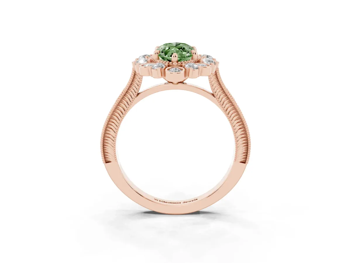 Fancy Green Marquise Cut Halo Milgrain Pave Diamond Ring with Four-Prong Setting Rose gold