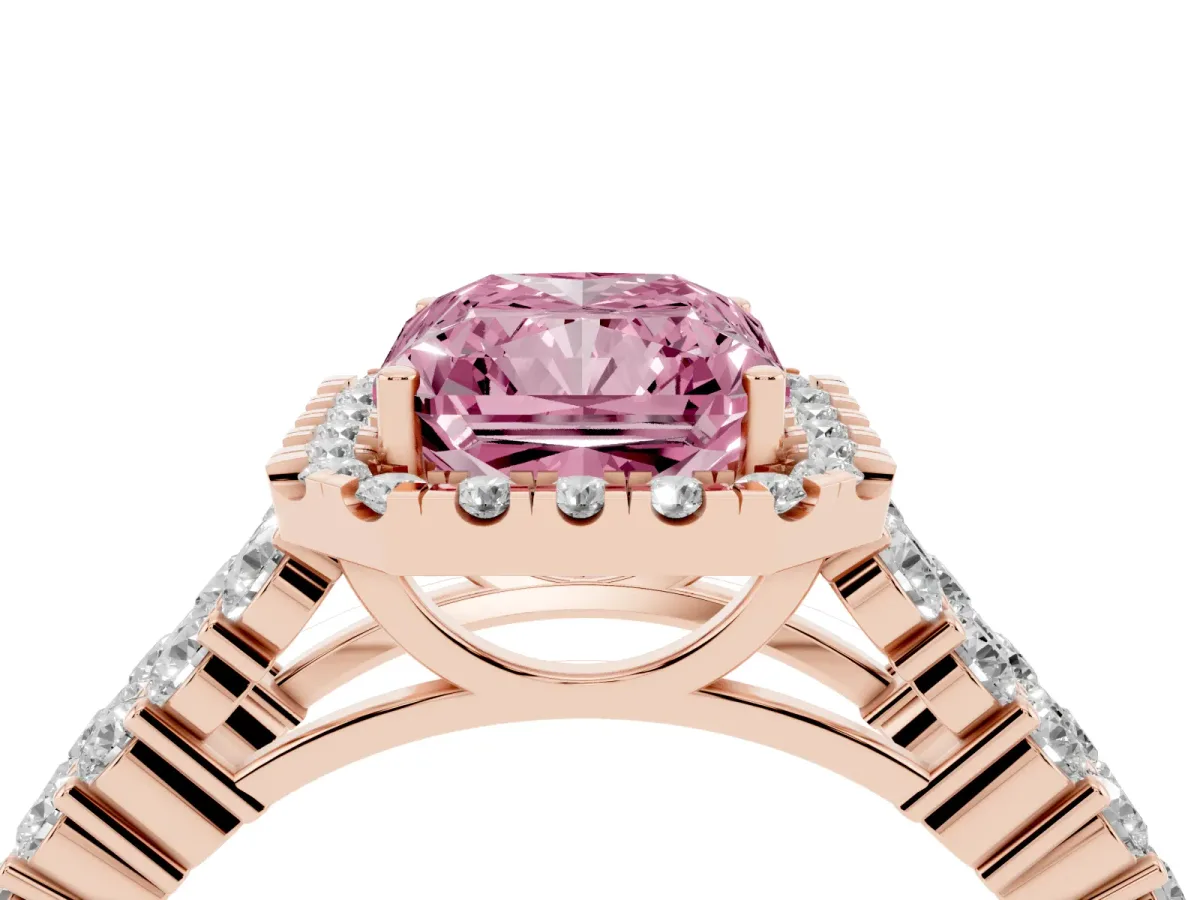 Fancy Pink Radiant Cut Diamond Halo Engagement Ring with Triple Row Round Pavé Band and Prong Setting Rose gold