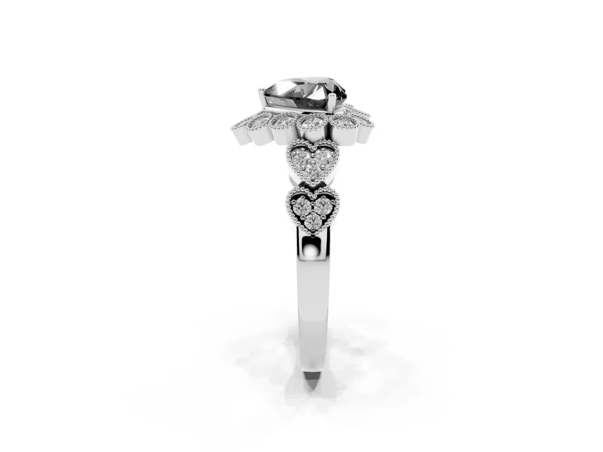 Fancy Black Heart Cut Brilliant Milgrain Pave Heart Band Solitaire Ring White gold