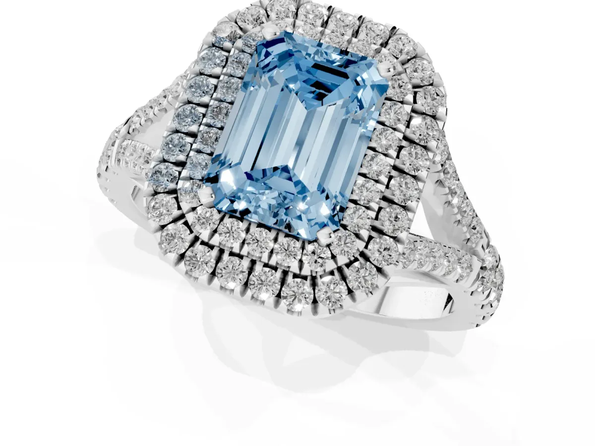 Fancy Blue Emerald Cut Diamond Pavé Split Shank Double Halo Engagement Ring Platinum
