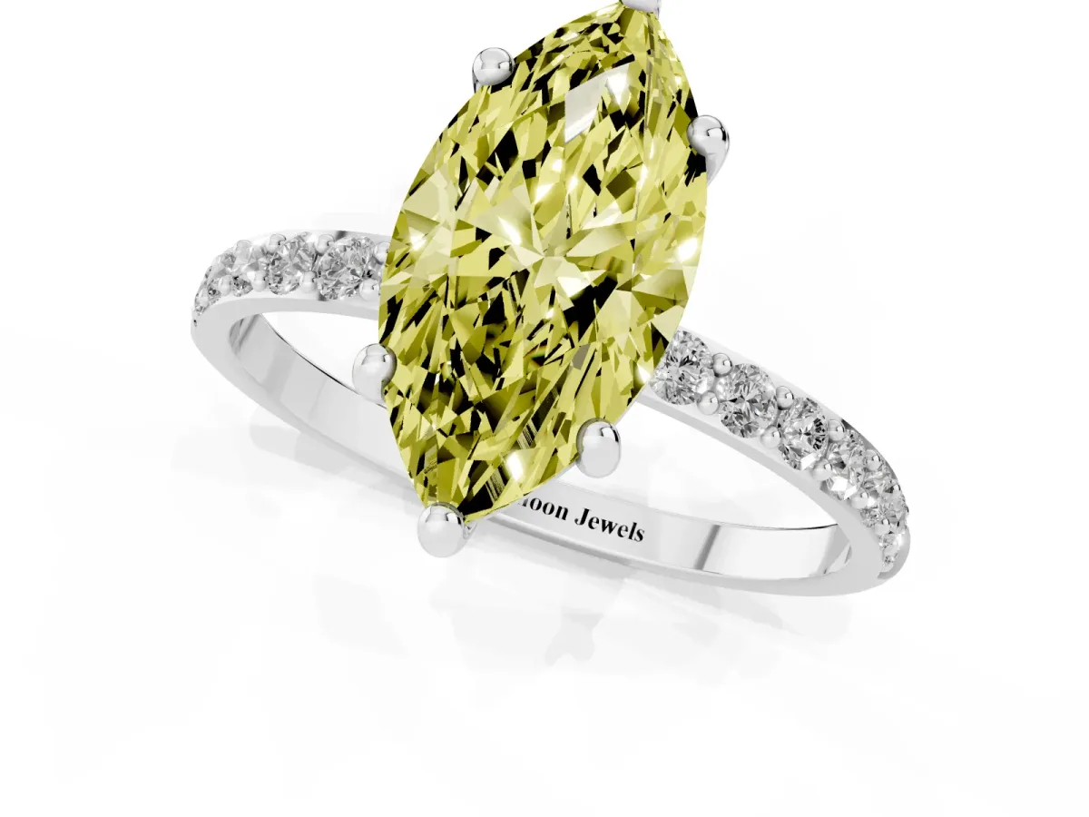 Fancy Yellow Marquise Cut Diamond Solitaire Ring with Round Pavé Band and Prong Setting Silver