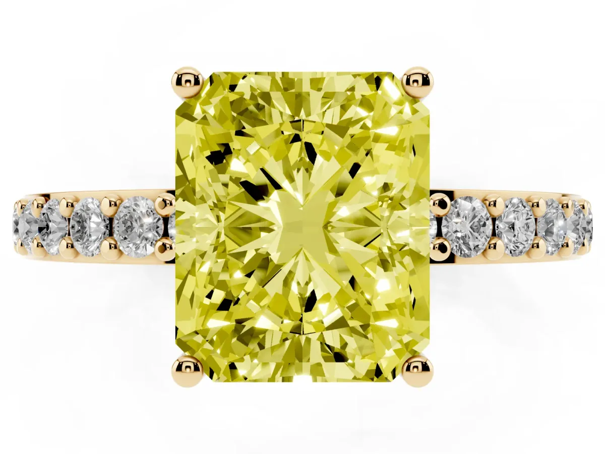 Fancy Yellow Radiant Cut Cut Diamond Solitaire with Pave Band and Four-Prong Setting Yellow gold
