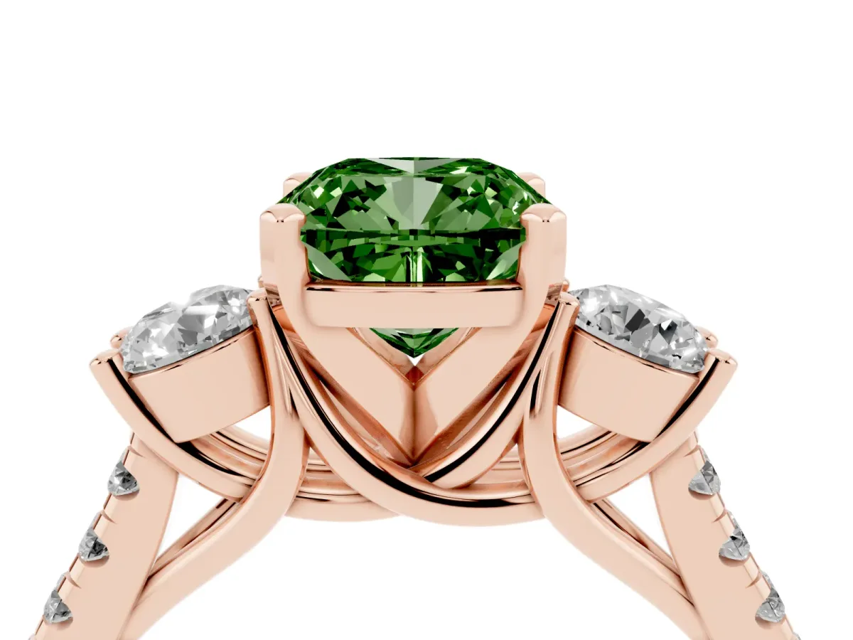 Fancy Green Three-Stone Cushion Cut Diamond Pavé Band with Four-Prong Setting Rose gold