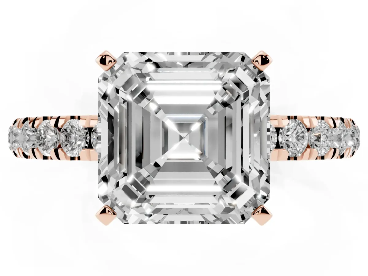 Asscher Cut Diamond Solitaire Ring with Pavé Accents and Four-Prong Setting Rose gold