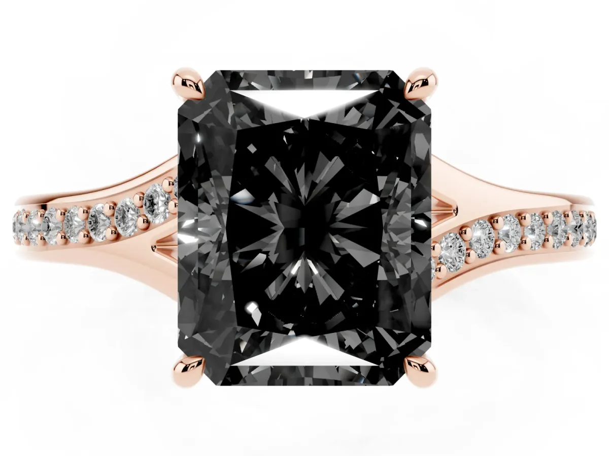 Fancy Black Radiant Cut Diamond Solitaire Ring with Pavé Band and Prong Setting Rose gold