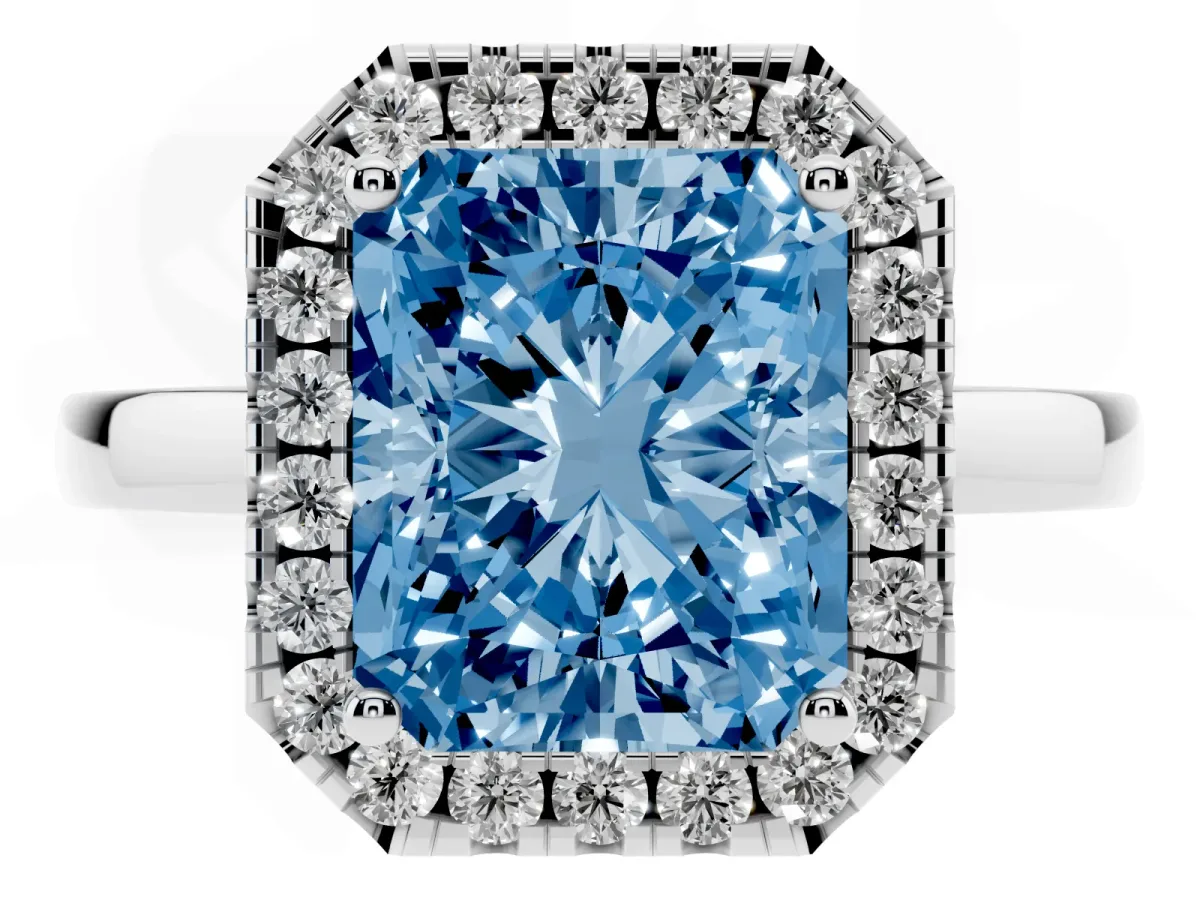 Fancy Blue Radiant Cut Halo Diamond Solitaire with Pavé Band and Four-Prong Setting White gold