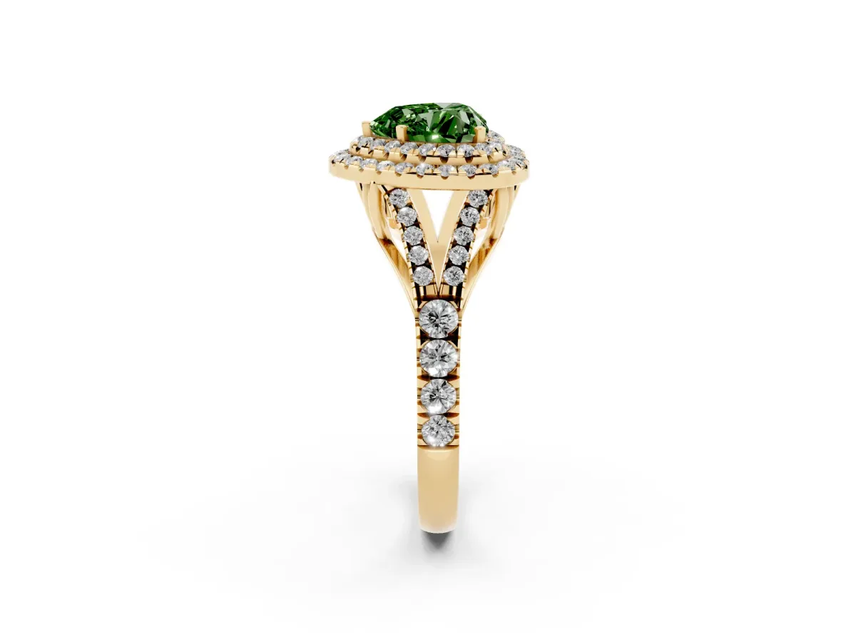 Fancy Green Heart Cut Cut Double Halo Split Shank Diamond Ring with Prong Setting Yellow gold