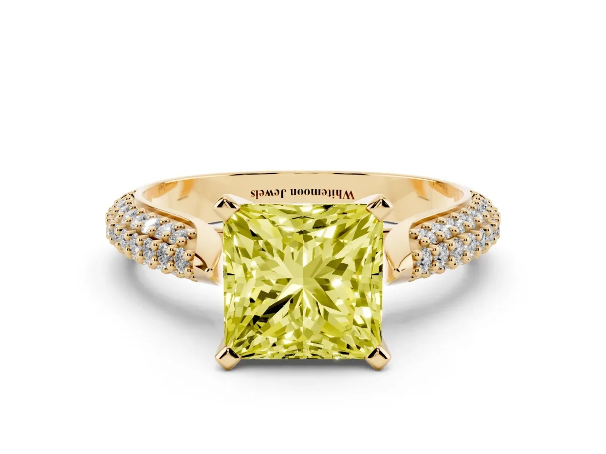 Fancy Yellow Princess Cut Diamond Solitaire Engagement Ring with Multi-Row Round Pavé Band and Prong Setting Yellow gold