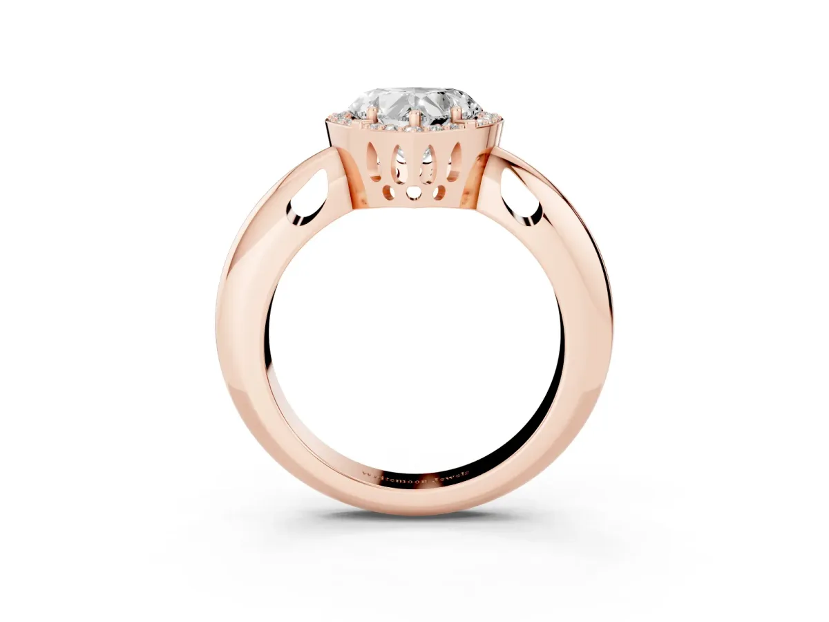 Heart Cut Cut Diamond Halo Engagement Ring with Split Shank and Four-Prong Setting Rose gold