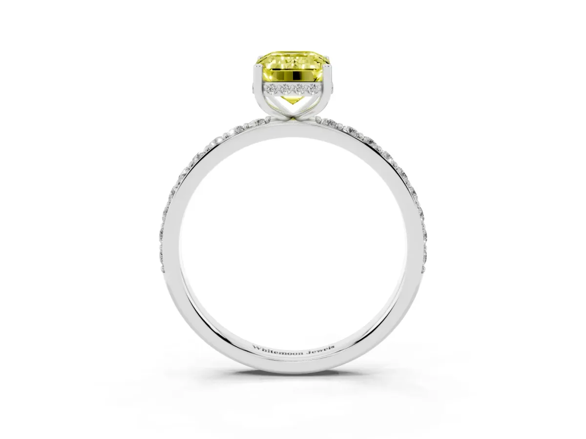 Fancy Yellow Emerald Cut Diamond Solitaire Ring with Pavé Band and Hidden Halo White gold