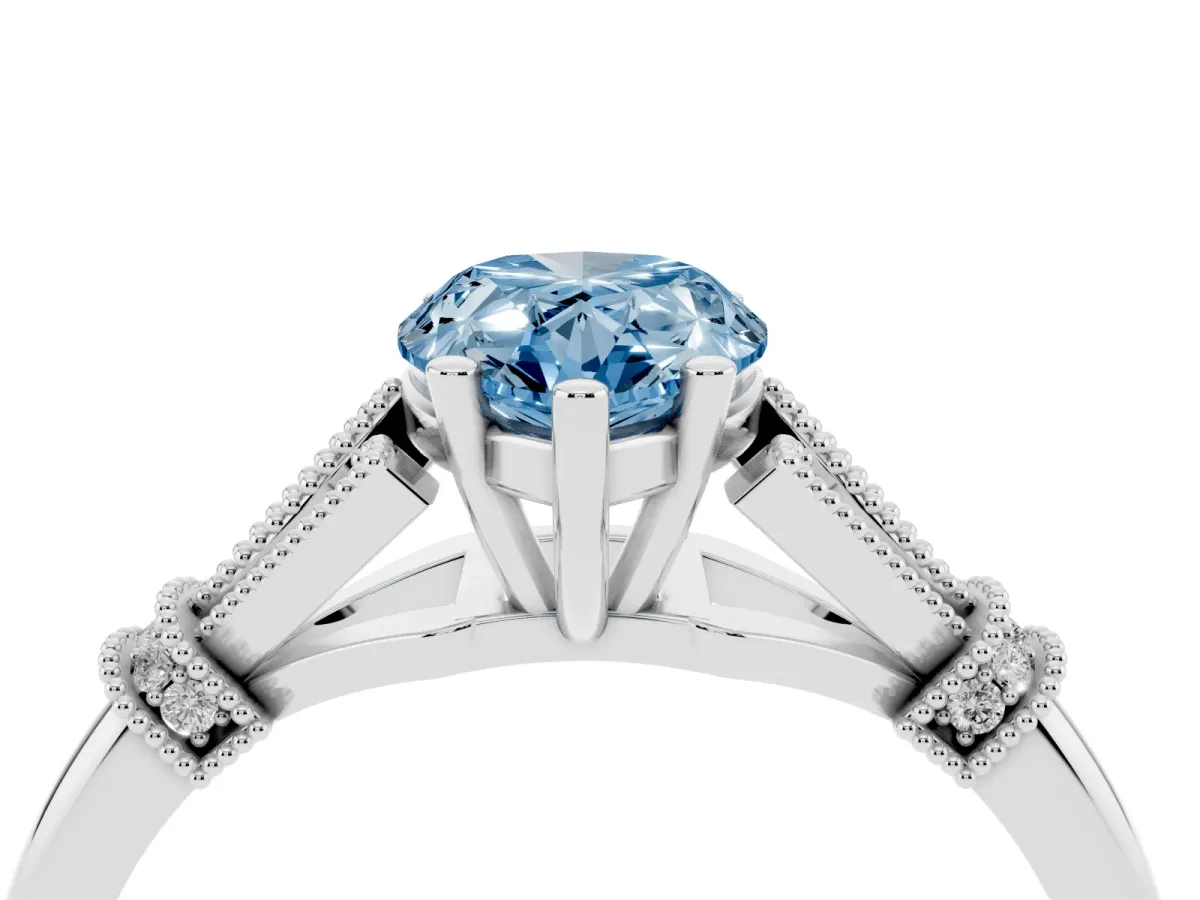 Fancy Blue Pear Cut Diamond Solitaire Ring with Floral Filigree and Pave Accents Silver