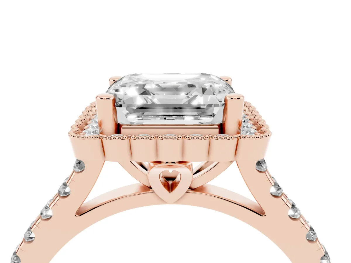 Asscher Cut Cut Diamond Milgrain Floral Halo Engagement Ring with Pavé Band Rose gold