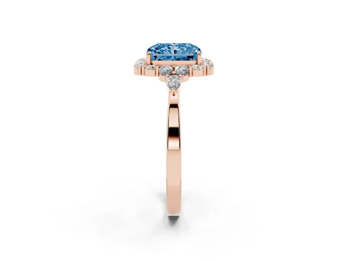 Fancy Blue Radiant Cut Diamond Halo Ring with Pear Side Stones and Prong Setting Rose gold