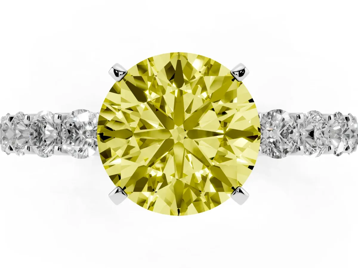 Fancy Yellow Round Cut Diamond Solitaire Ring with Shared Prong Pavé Band and Four-Prong Setting Silver