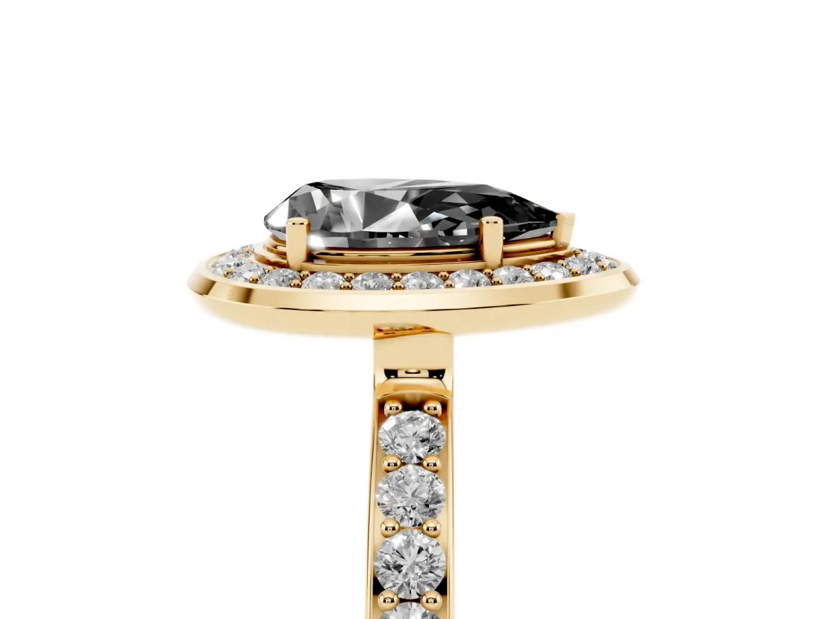 Fancy Black Pear Cut Diamond Halo Ring with Bezel Frame and Pavé Band Yellow gold