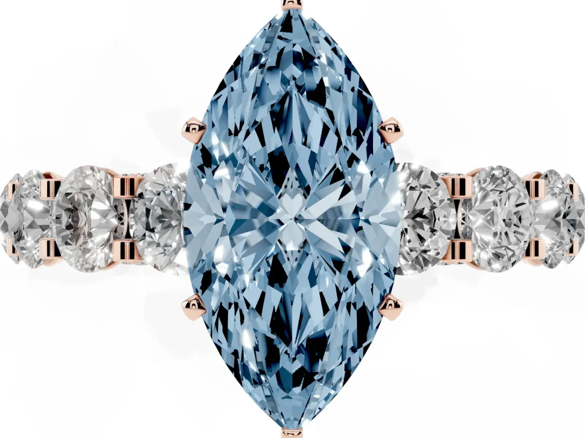 Fancy Blue Marquise Cut Diamond Side Stone Engagement Ring with Four-Prong Setting Rose gold