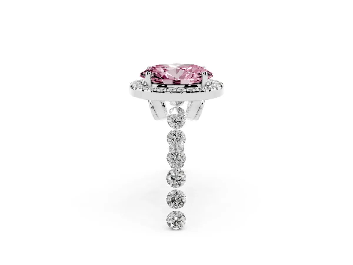 Fancy Pink Oval Cut Halo Pavé Diamond Engagement Ring with Four-Prong Setting Platinum