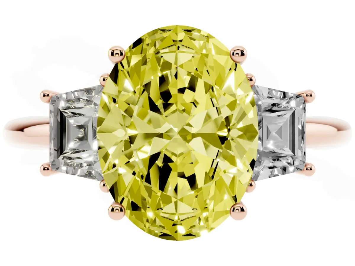 Fancy Yellow Oval Cut Diamond Three-Stone Ring with Trapezoid Side Stones and Prong Setting Rose gold