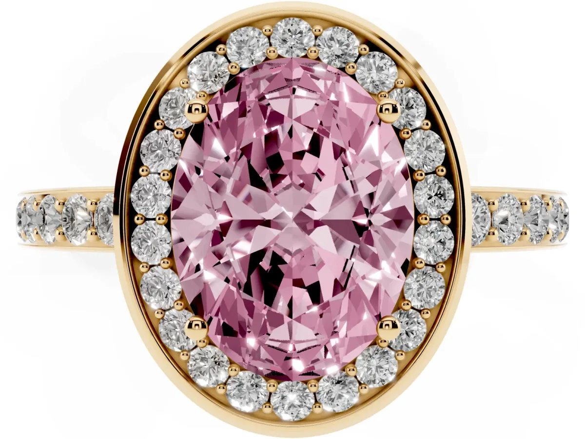 Fancy Pink Oval Cut Diamond Halo Ring with Bezel Frame and Pavé Band Yellow gold