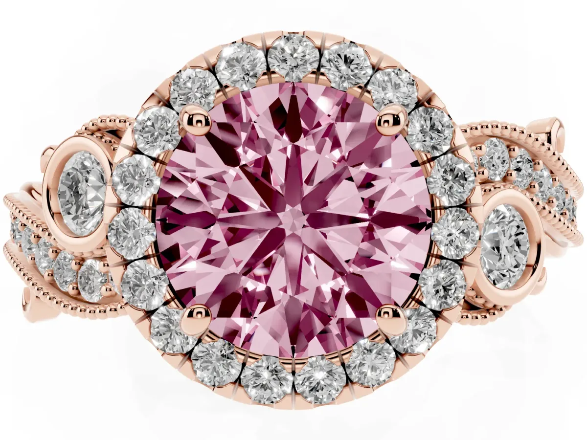 Fancy Pink Round Cut Diamond Halo Ring with Milgrain Pavé Band and Four-Prong Setting Rose gold
