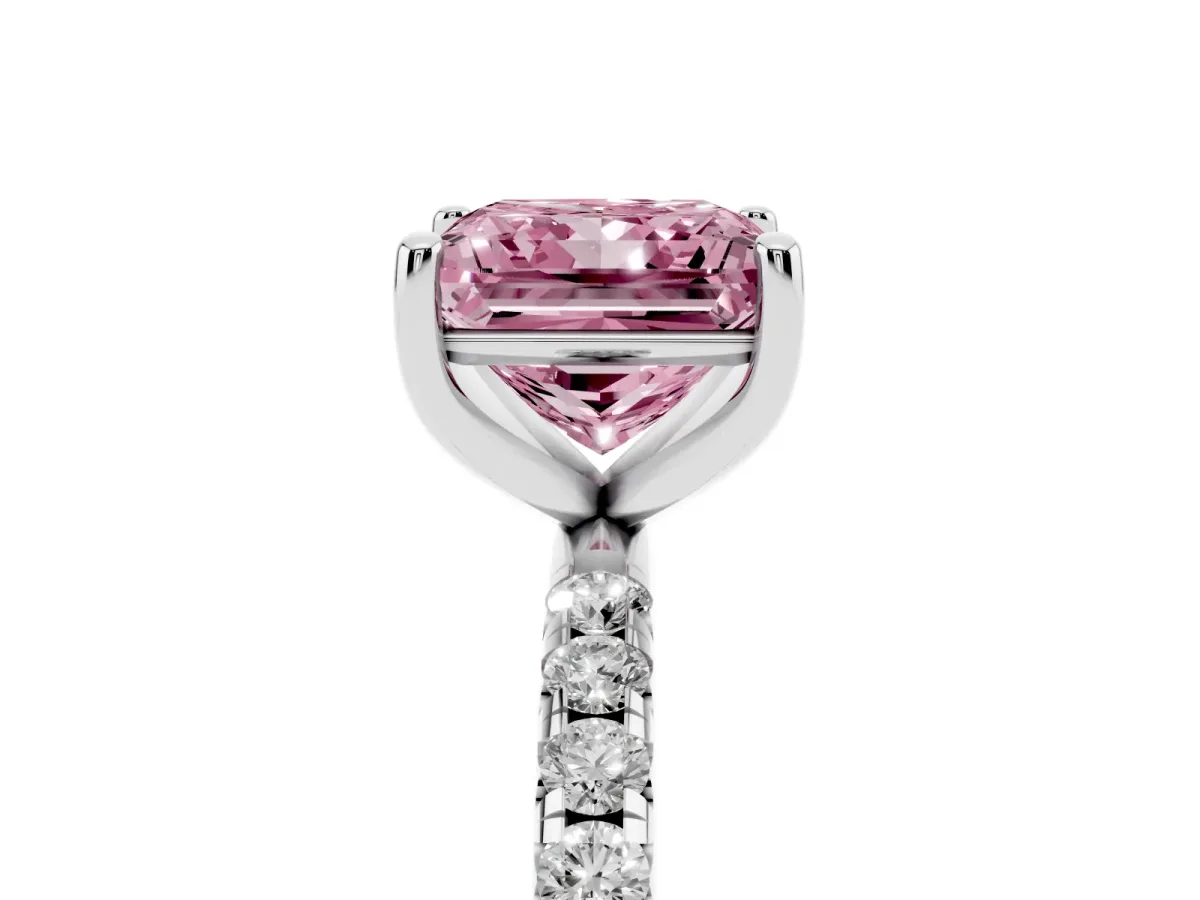 Fancy Pink Princess Cut Cut Diamond Solitaire Ring with Micro Pave Band and Four Prong Setting Silver