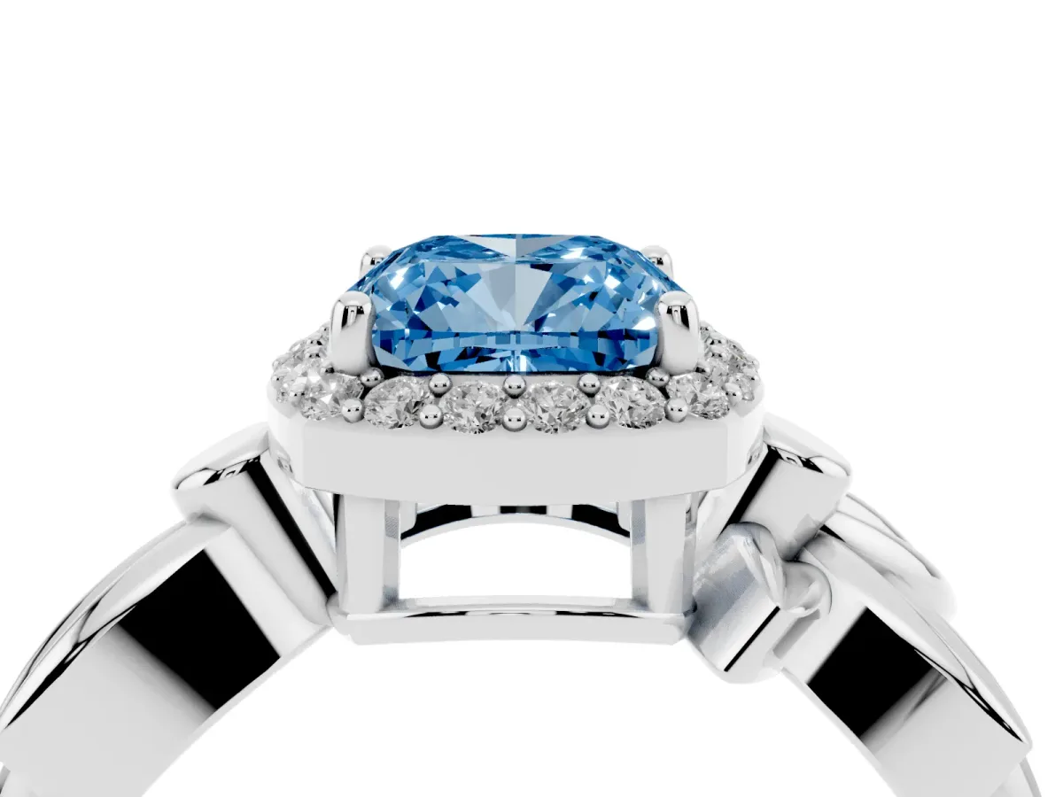 Fancy Blue Cushion Cut Halo Diamond Floral Band with Four-Prong Setting Silver