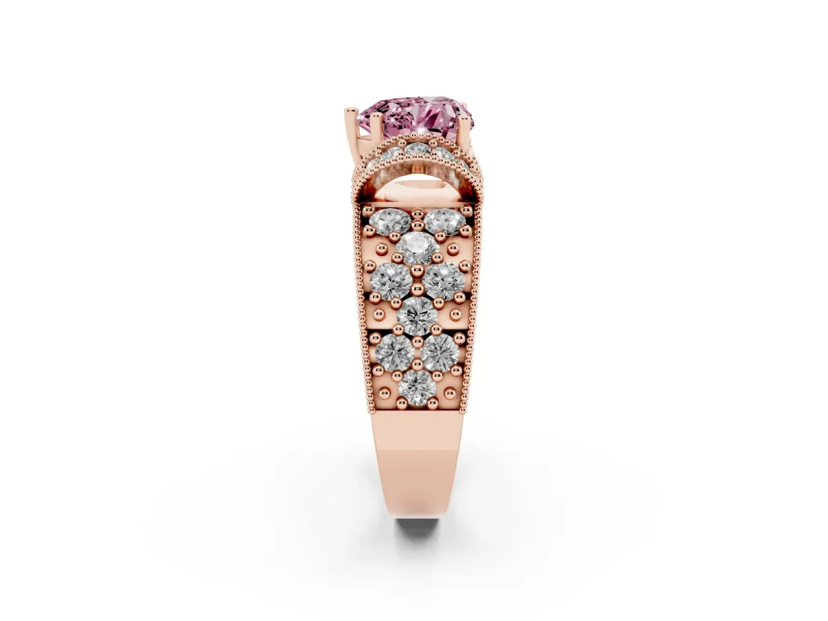 Fancy Pink Heart Cut Halo Pave Diamond Engagement Ring with Milgrain Detailing Rose gold