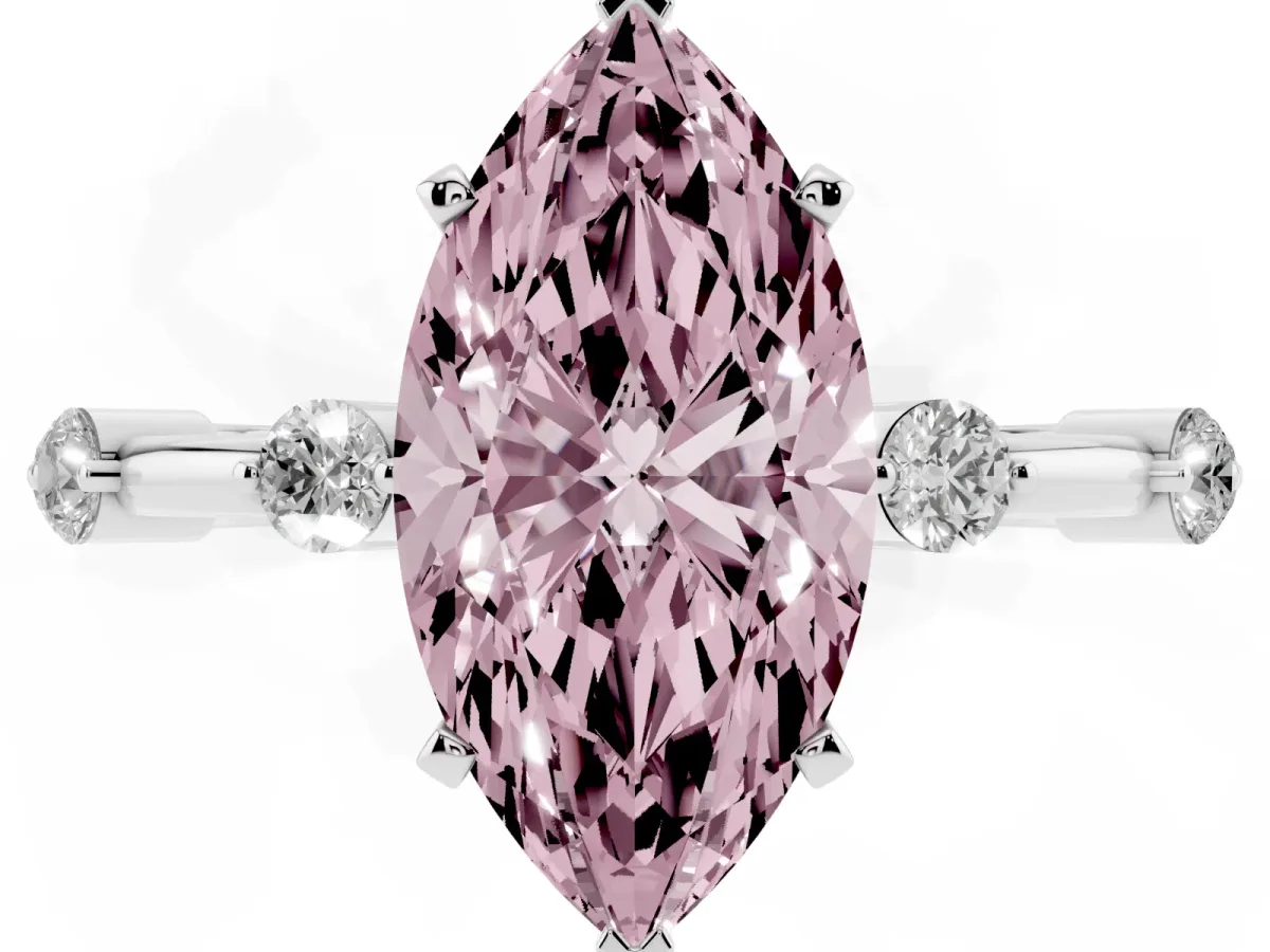 Fancy Pink Marquise Cut Solitaire Diamond Ring with Bezel Set Side Stones and Prong Setting Silver