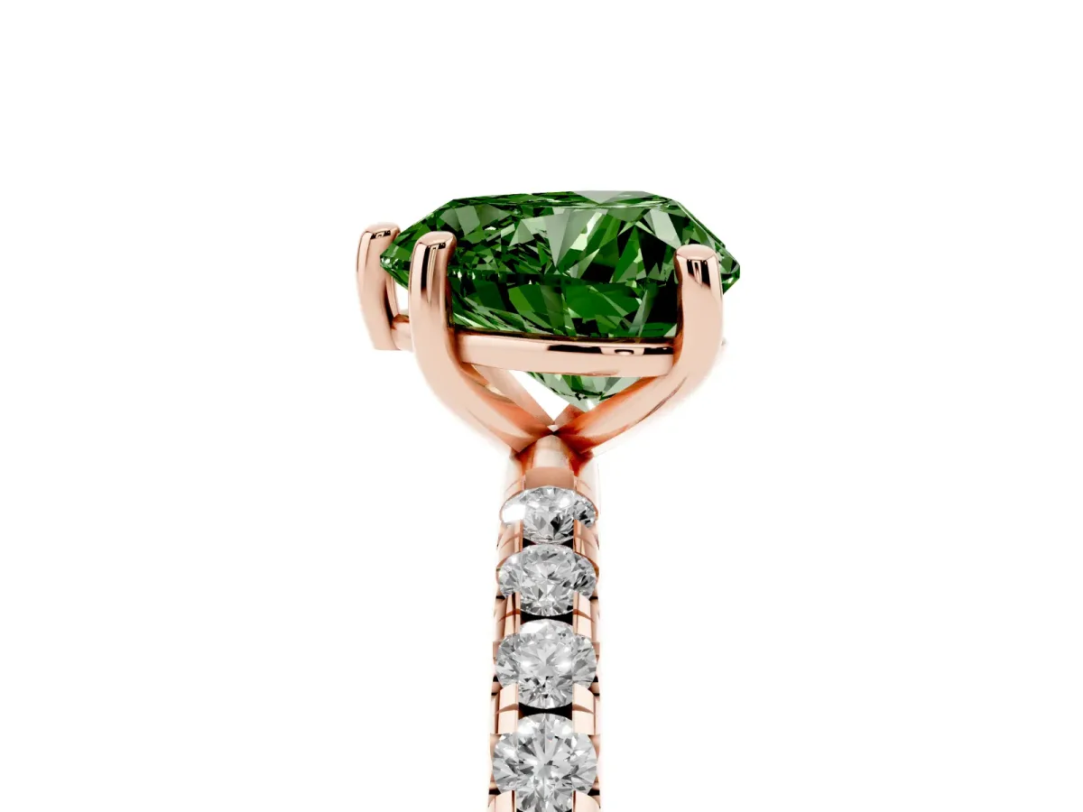 Fancy Green Heart Cut Cut Diamond Solitaire Ring with Micro Pave Band and Four Prong Setting Rose gold