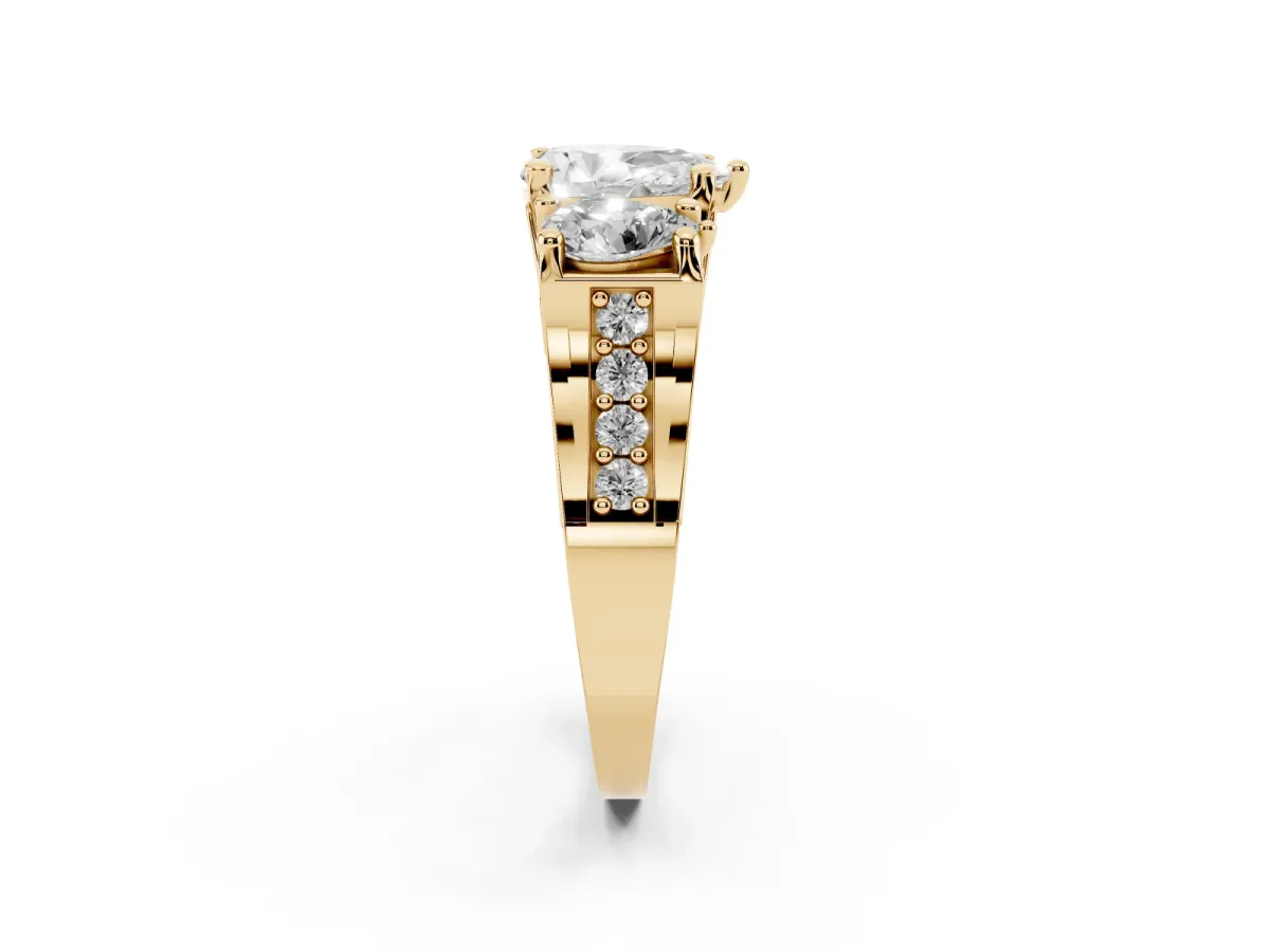 Pear Cut Diamond Three-Stone Ring with Channel Set Band and Four-Prong Setting Yellow gold