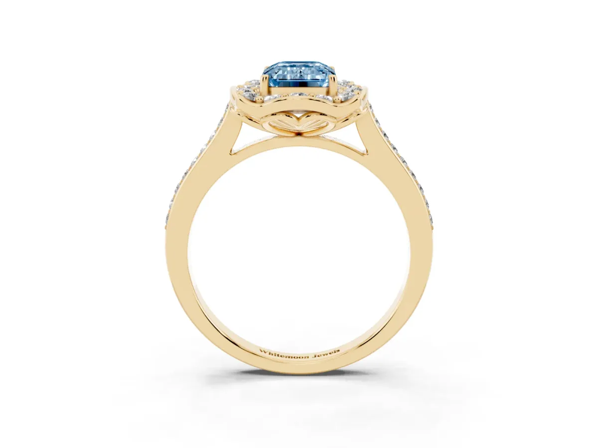 Fancy Blue Emerald Cut Halo Round Diamond Pave Band with Four-Prong Setting Yellow gold
