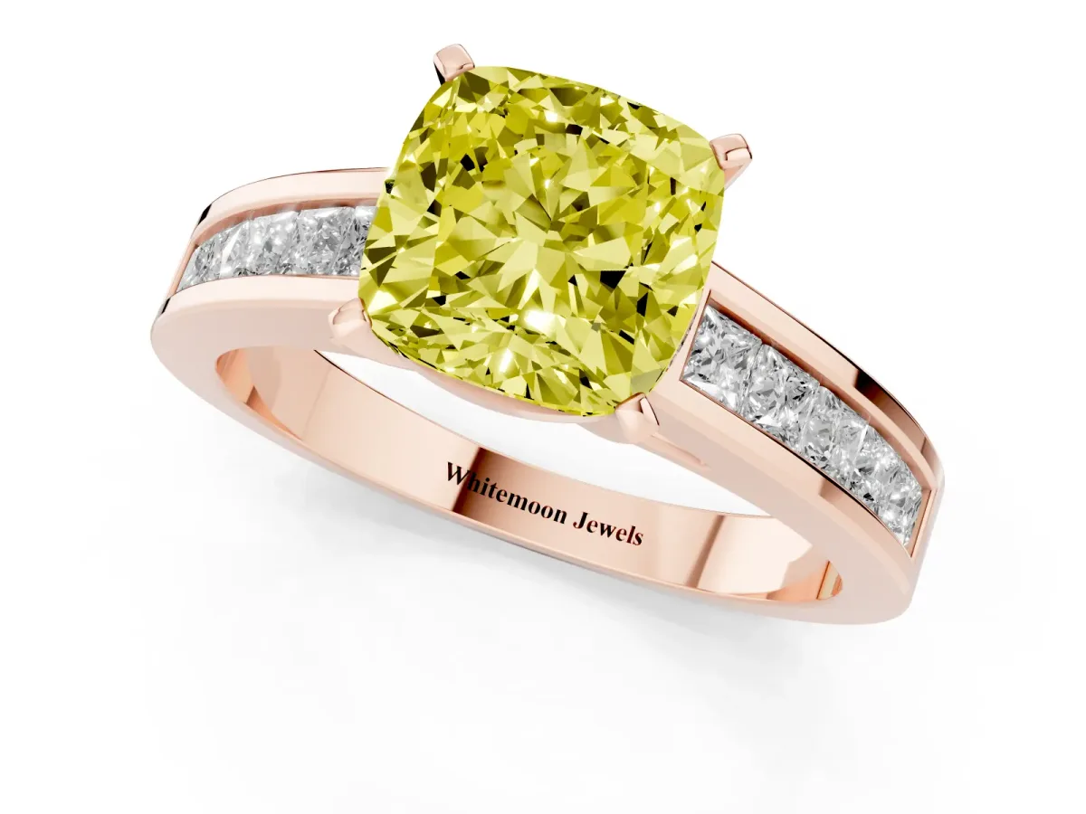 Fancy Yellow Cushion Cut Solitaire Diamond Ring with Channel-Set Band and Four-Prong Setting Rose gold