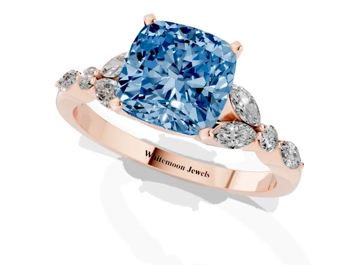 Fancy Blue Cushion Cut Diamond Solitaire Ring with Side Stones and Four-Prong Setting Rose gold