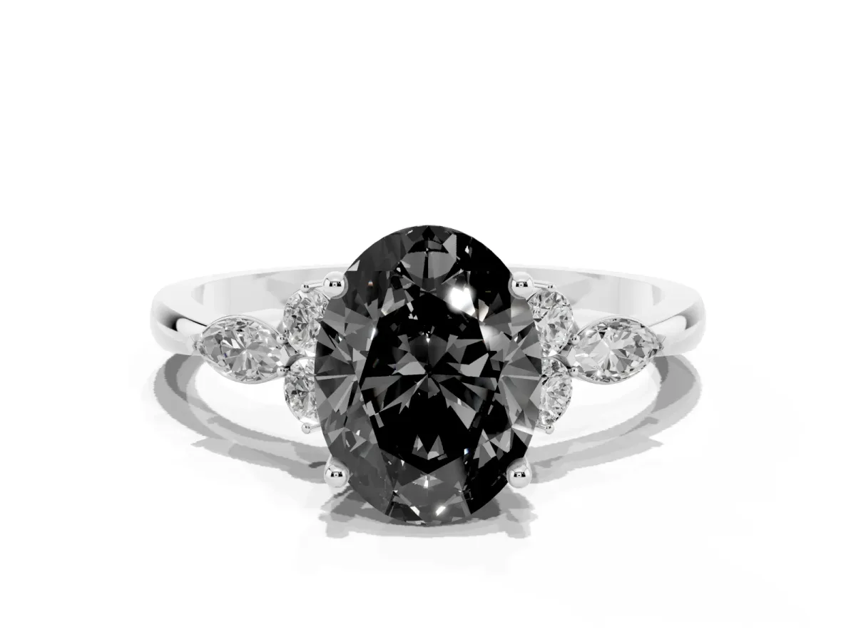 Fancy Black Oval Cut Brilliant Diamond Solitaire Ring with Pear Side Stones and Four-Prong Setting Silver