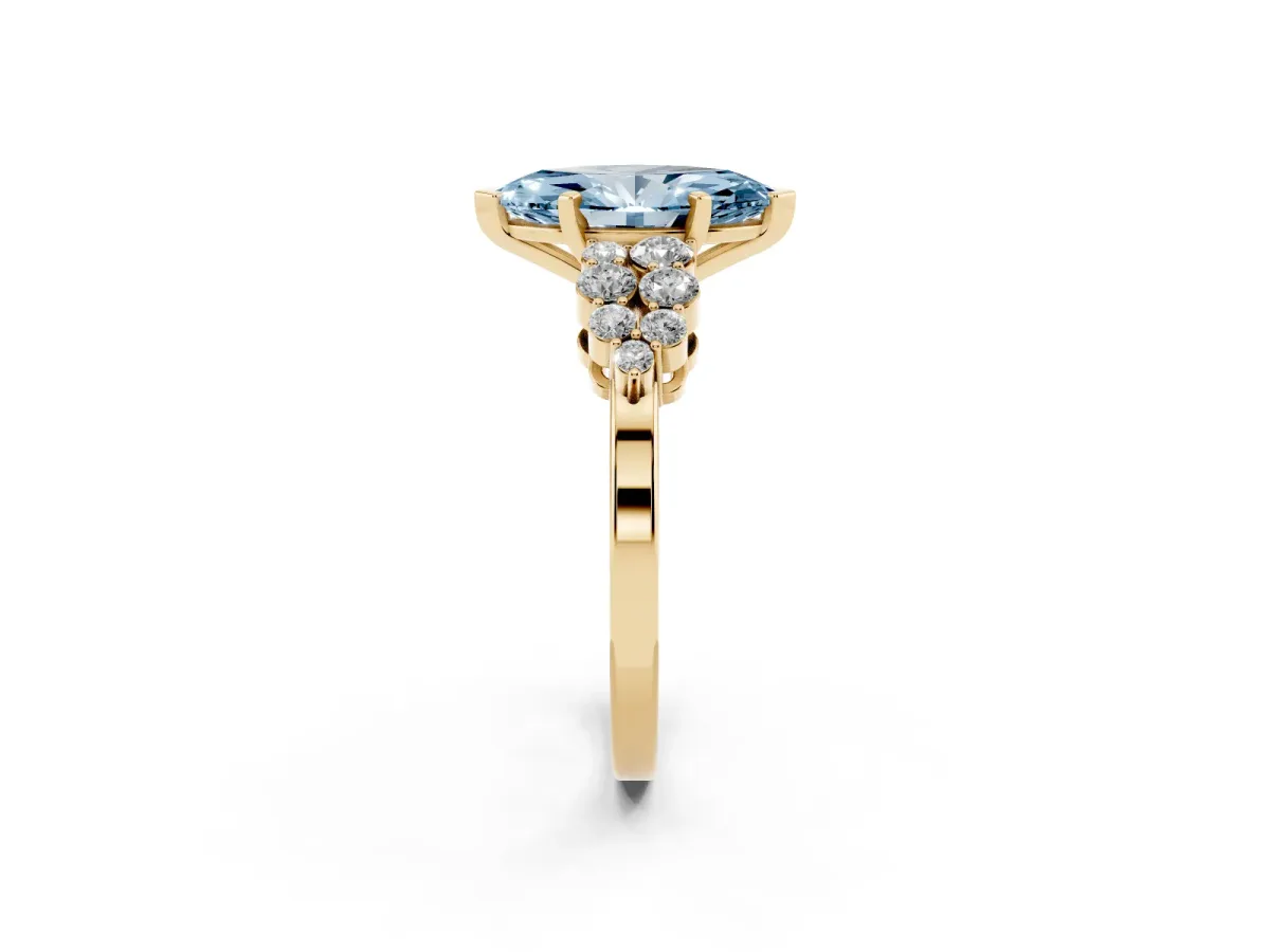 Fancy Blue Marquise Cut Cluster Diamond Engagement Ring with Pavé Band and Four-Prong Setting Yellow gold