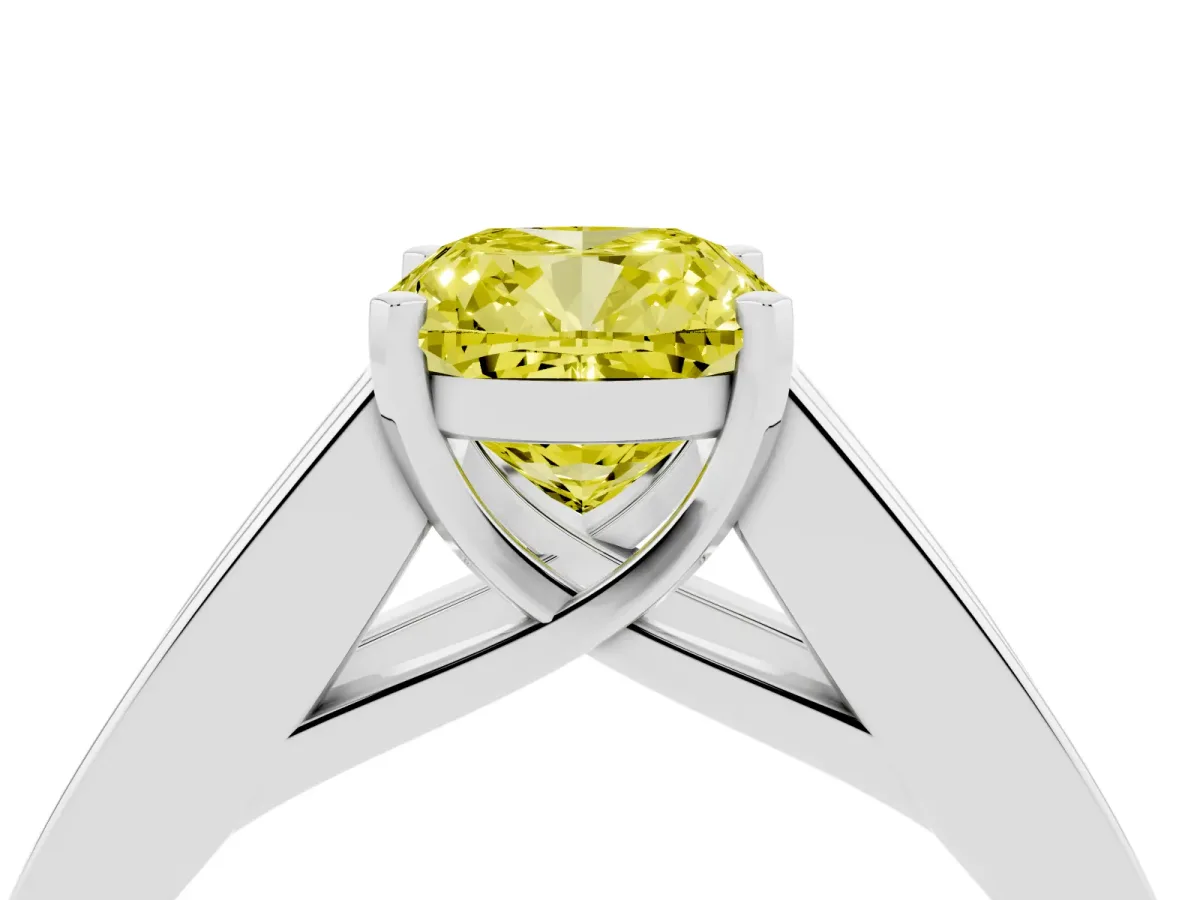 Fancy Yellow Cushion Cut Cut Channel Set Solitaire Ring with Four-Prong Setting Platinum