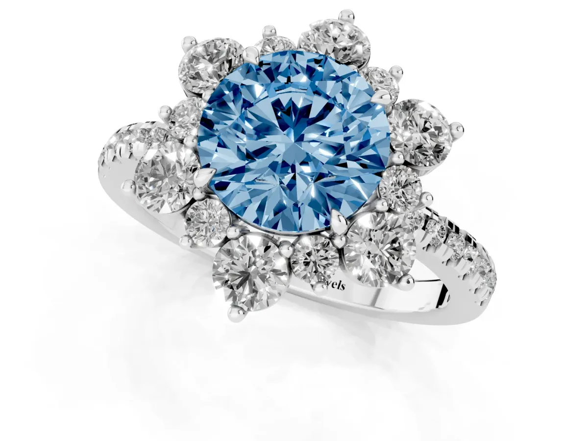 Fancy Blue Round Cut Diamond Floral Halo Ring with Round Pavé Band and Prong Setting Silver