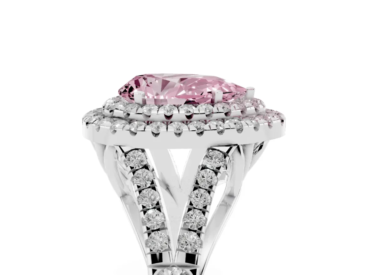 Fancy Pink Pear Cut Cut Double Halo Split Shank Diamond Ring with Prong Setting Silver